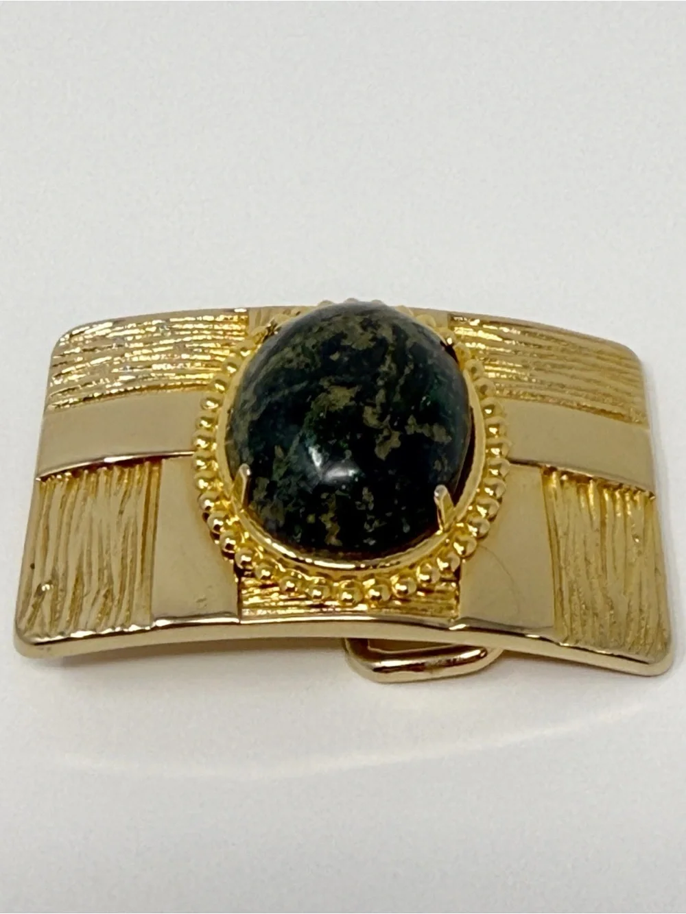 Vintage Gold Tone Belt Buckle Statement Green Stone Cabochon Rectangle Textured